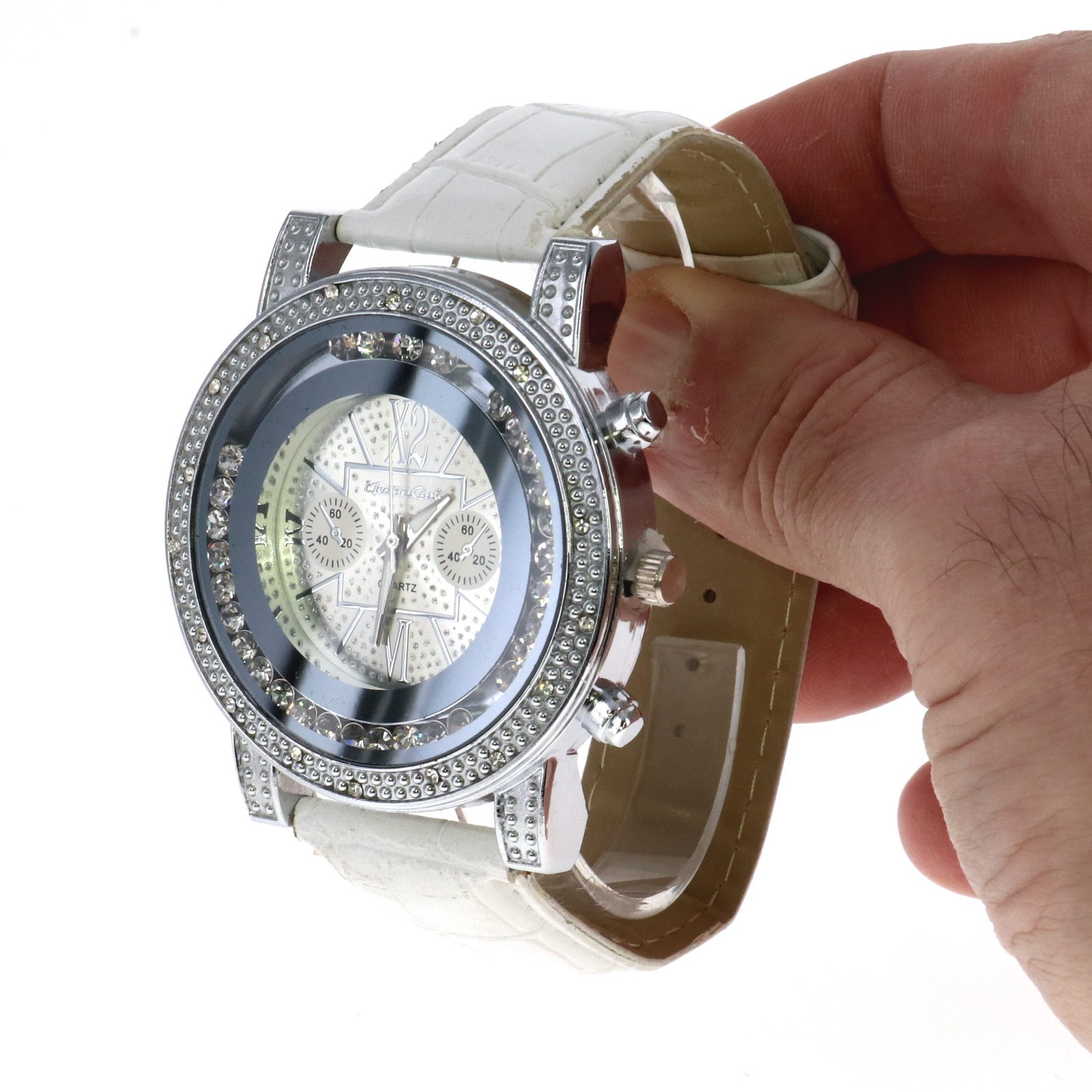 Hip Hop Men’s Floating Clear Stone, Silver Tone White Leather Band Watch