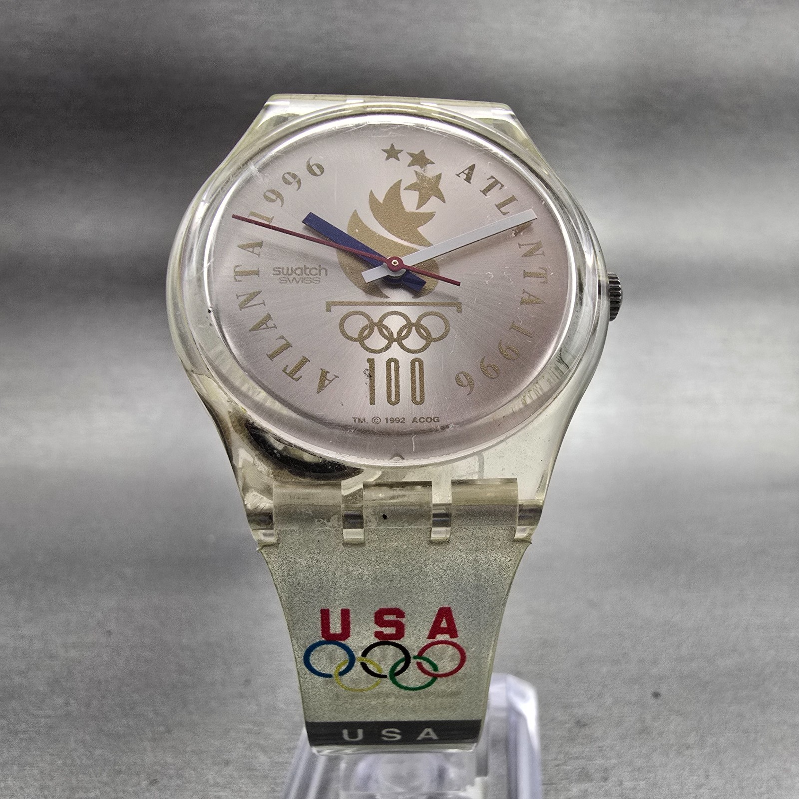 Swatch OLYMPIC TEAM Watch Men Silver Dial Clear Case Round GZ150 New Battery