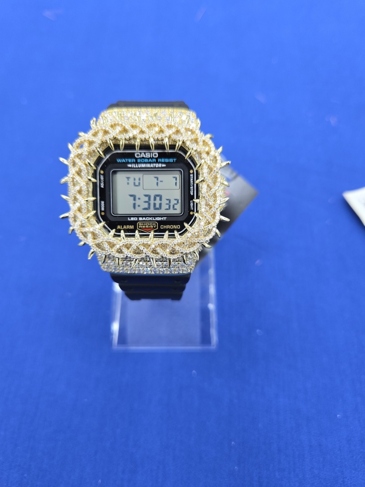 Moissanite G Shock Watch by Casio 5600 Model Black Color Band Gold Color Bezel