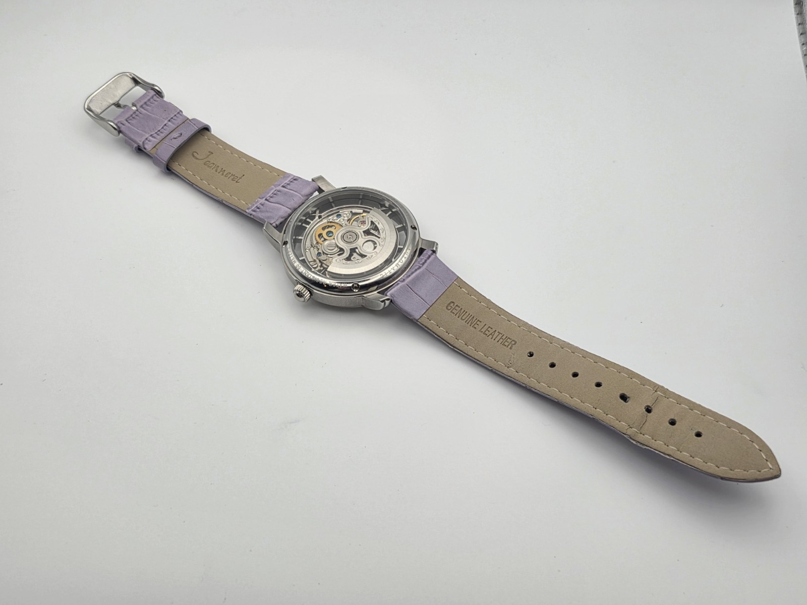 Jeanneret Automatic Skeleton Watch Womens Lavender Leather Strap J-1005-2416