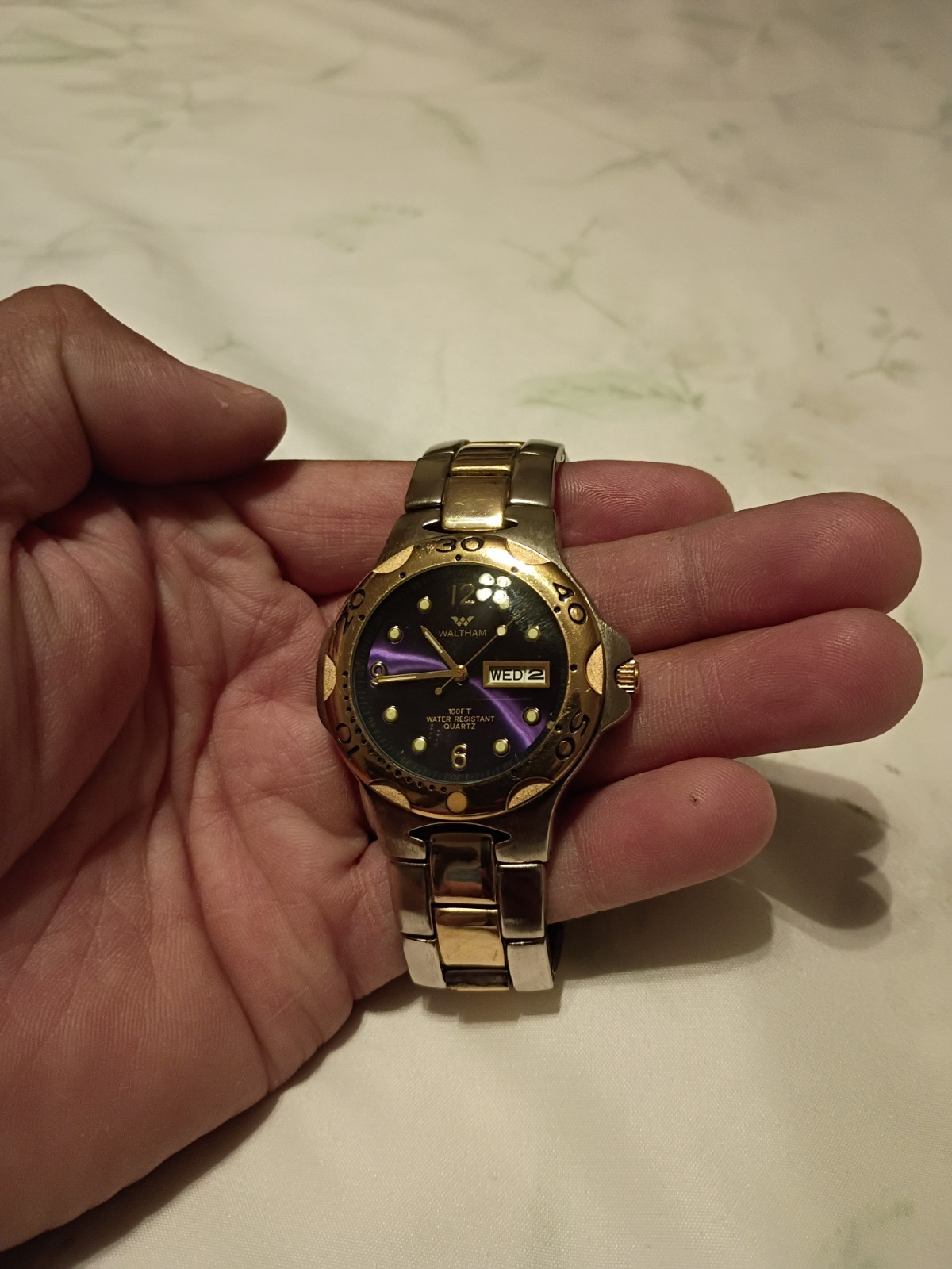 1990’s Men’s Waltham Gold Tone Bezel Purple Dial Quartz Watch with New Battery