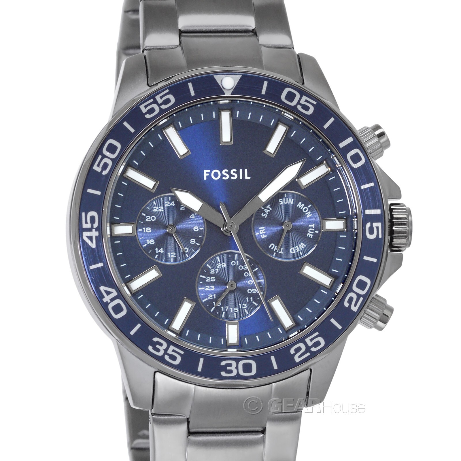FOSSIL Bannon Mens Multifunction Watch, Blue Dial Date Gray Stainless Steel Band