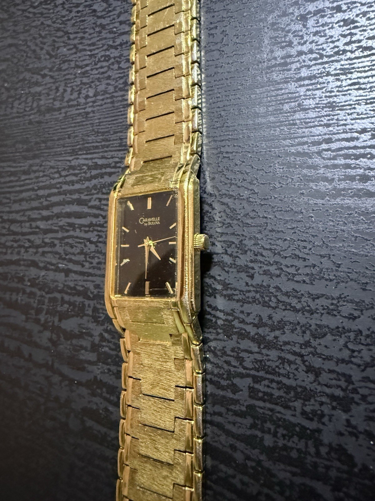 Bulova Caravelle Rectangle Quartz Watch Black Dial Gold Tone Bracelet 22mm