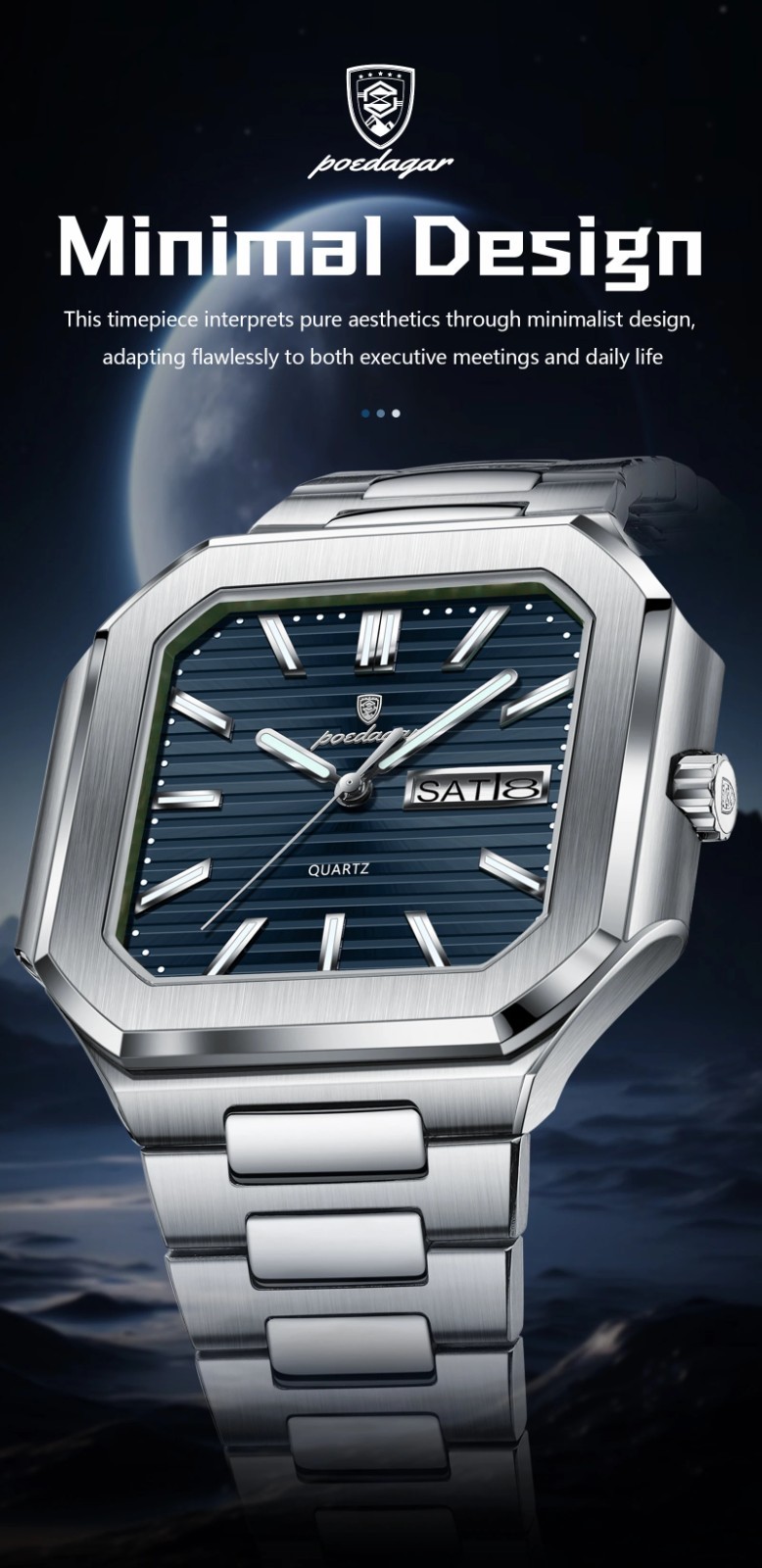 Luxury Men’s Watch Square Stainless Steel Waterproof Luminous Date Week