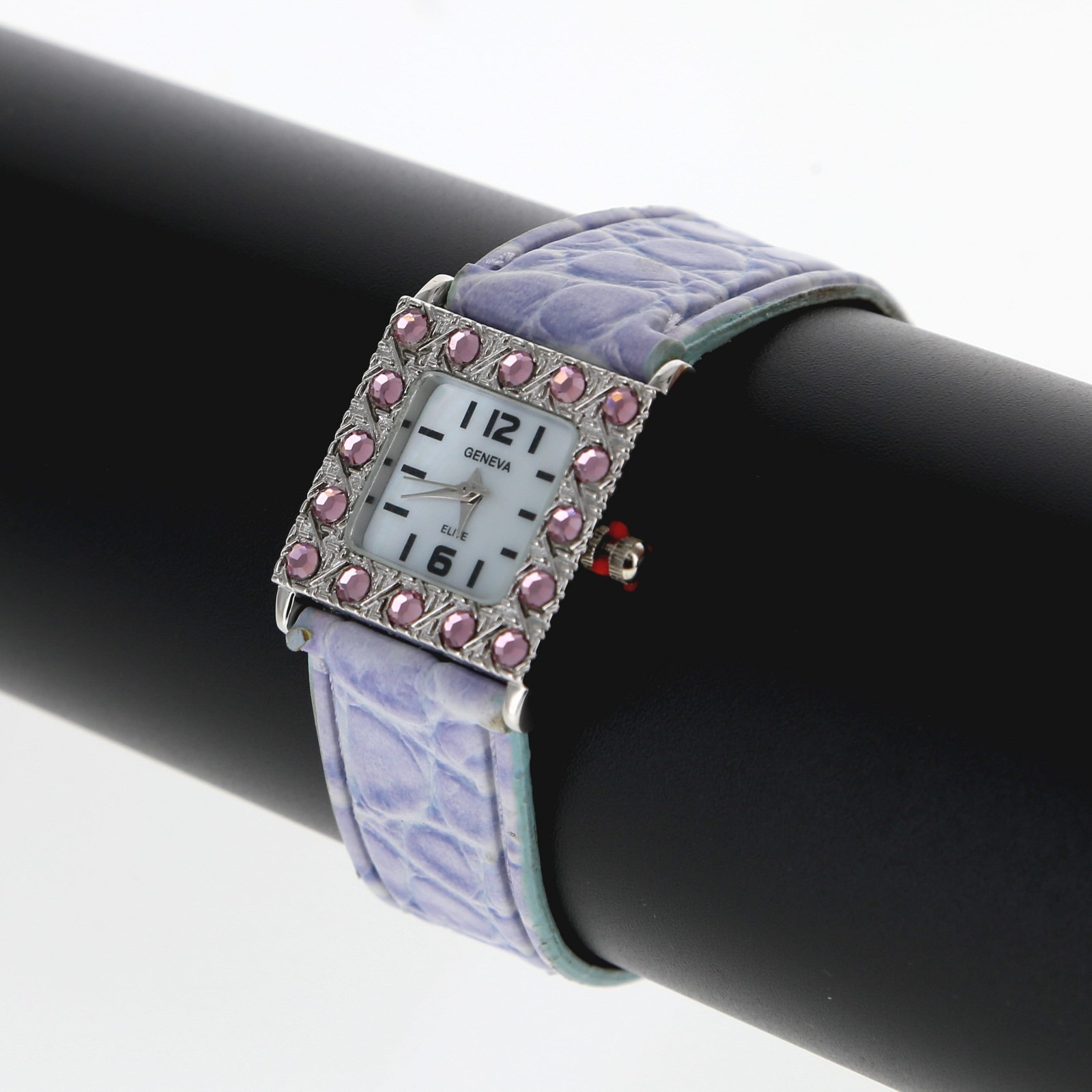 Square Geneva Purple Rhinestone Dial Women’s Watch Purple Leather Band