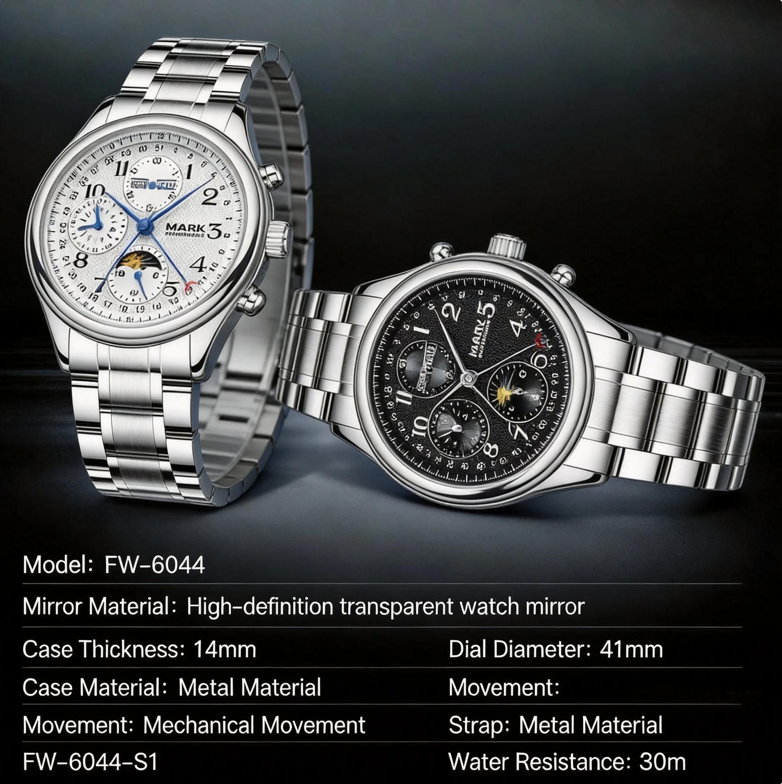 MARK FAIRWHALE Men Multifunction Moon Phase Calendar Automatic Mechanical Watch