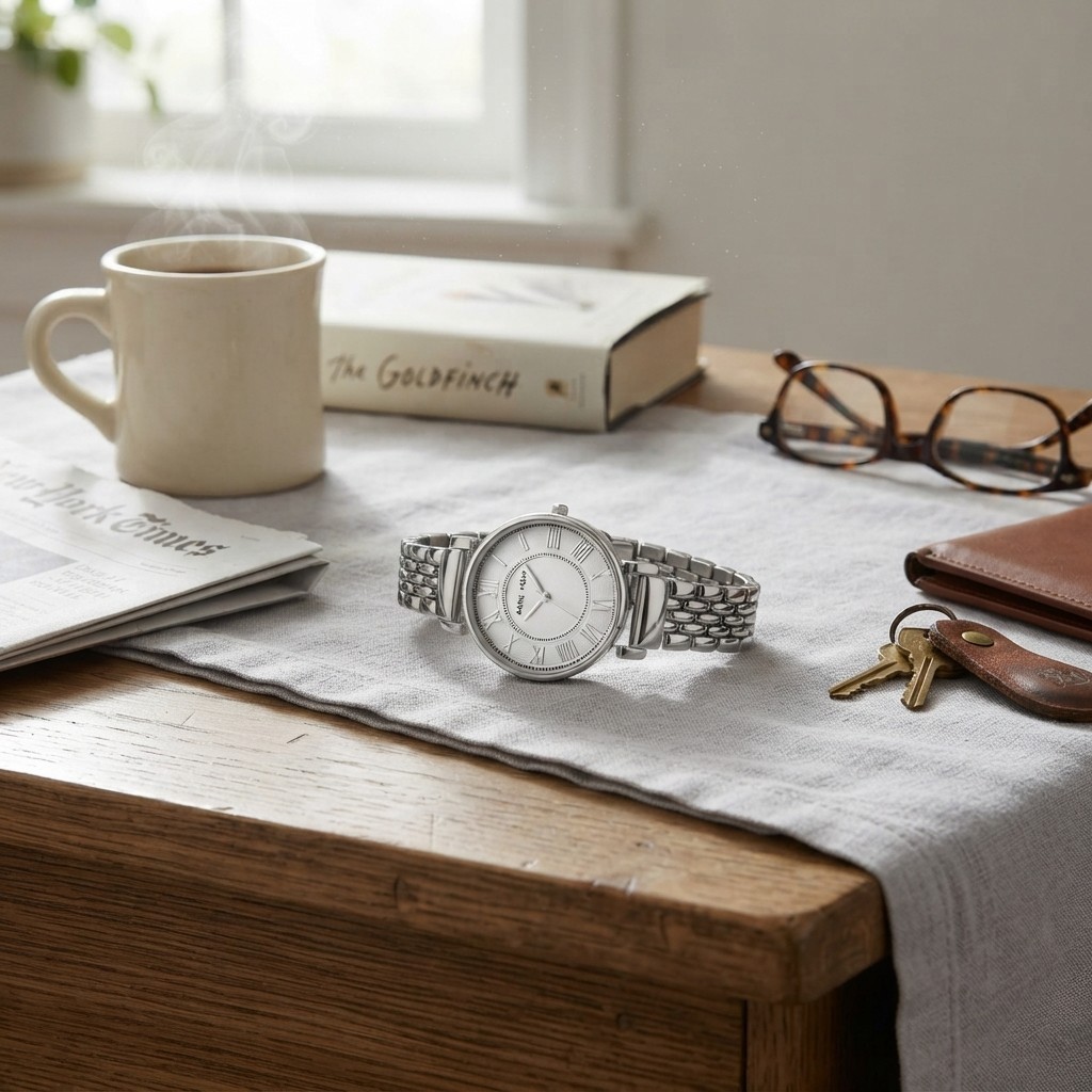 Fashion-Forward Women’s Silver Watch with Ribbed Dial and Jewelry Clasp Closure