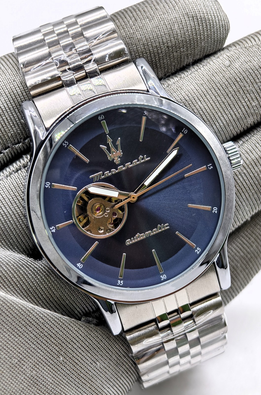 Fantastic Maserati Blue Skeleton Dial Automatic Silver Band Men’s Wrist Watch
