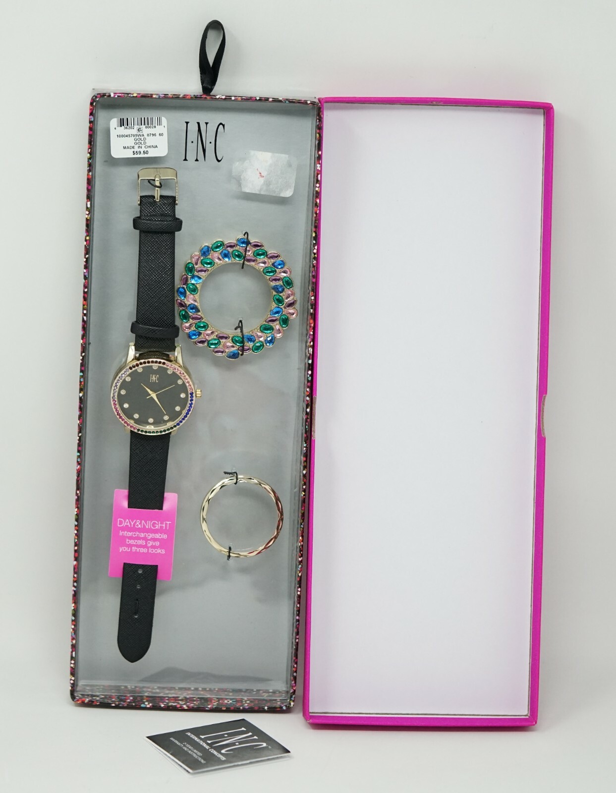 I.N.C. Women’s Black Faux Leather Strap Watch 38mm with Interchangeable Bezel