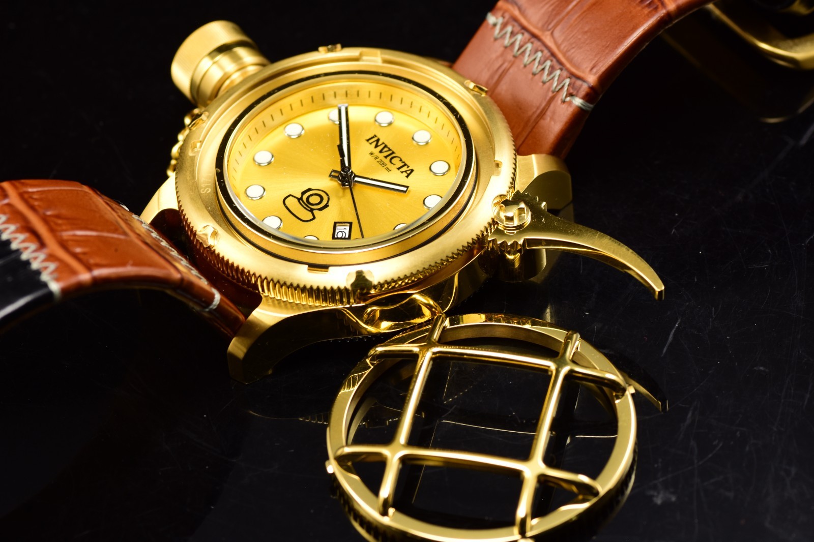 Invicta Men’s Russian Diver NAUTILUS CAGED Gold Dial Leather Strap Automatic Wat