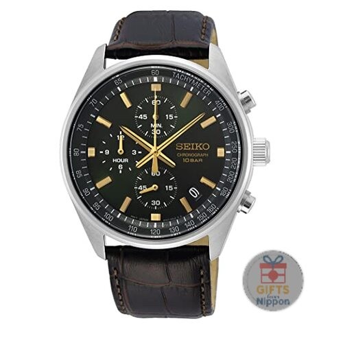 Seiko SSB385P1 Men’s 41mm Quartz Chronograph Watch Green Dial Leather Band New