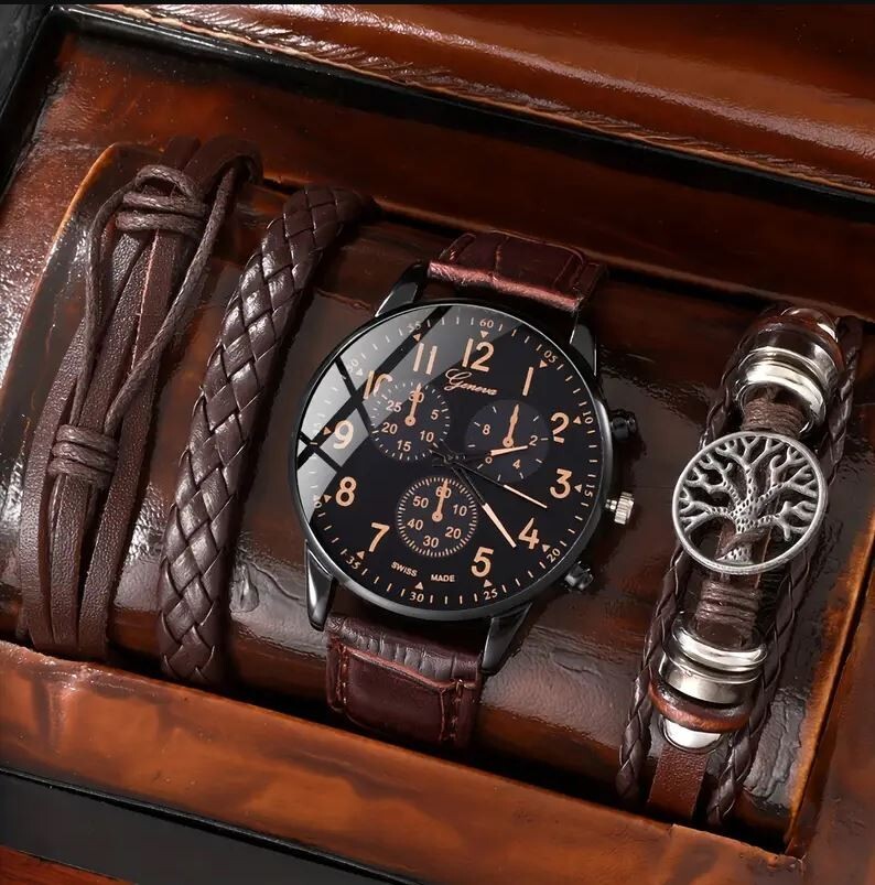Geneva-Stylish Reddish Brown Men’s Quartz Watch and Bracelet Set -Bk015-RDKF