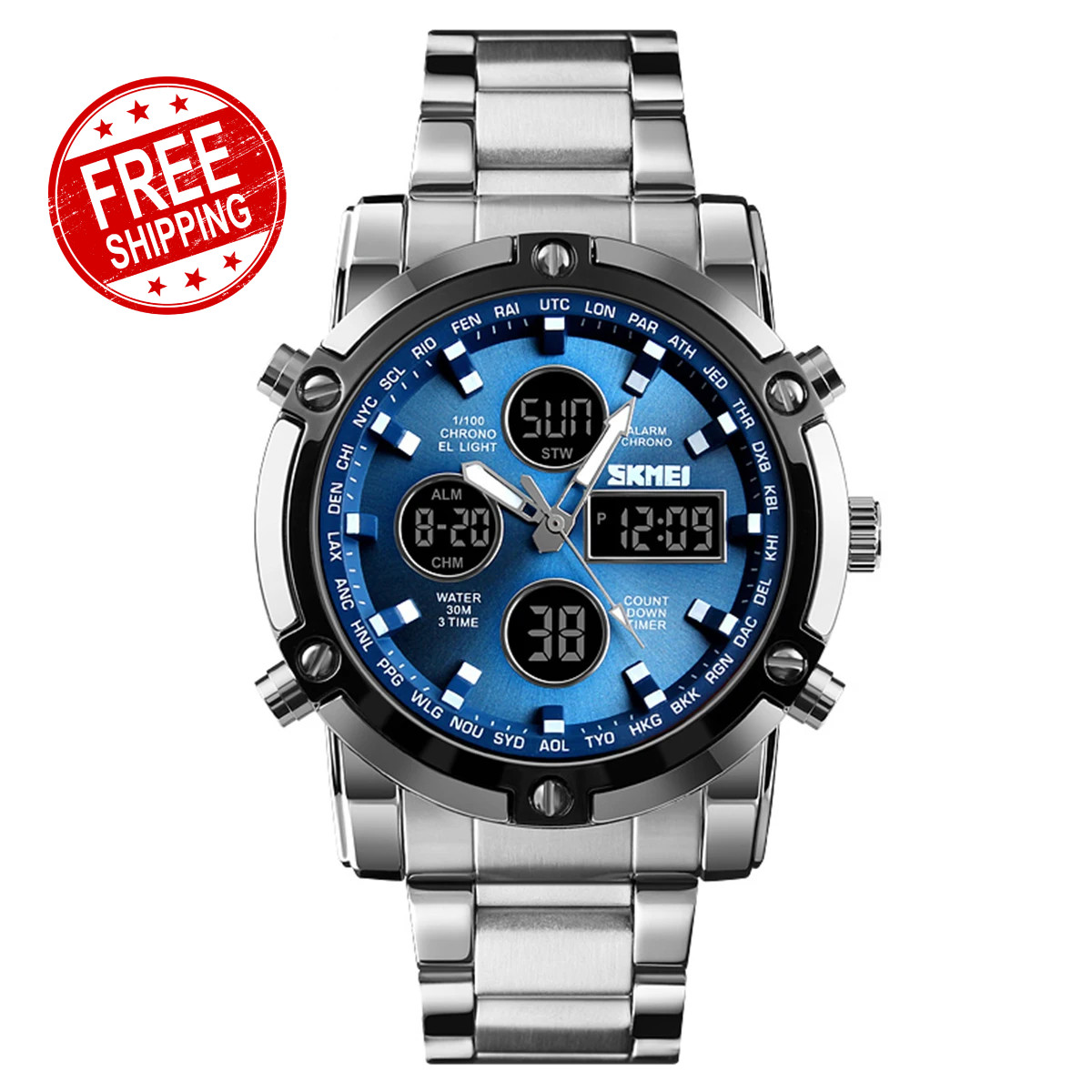 Men’s Digital Quartz Watch 1389 Stainless Steel Sport Waterproof Wristwatch
