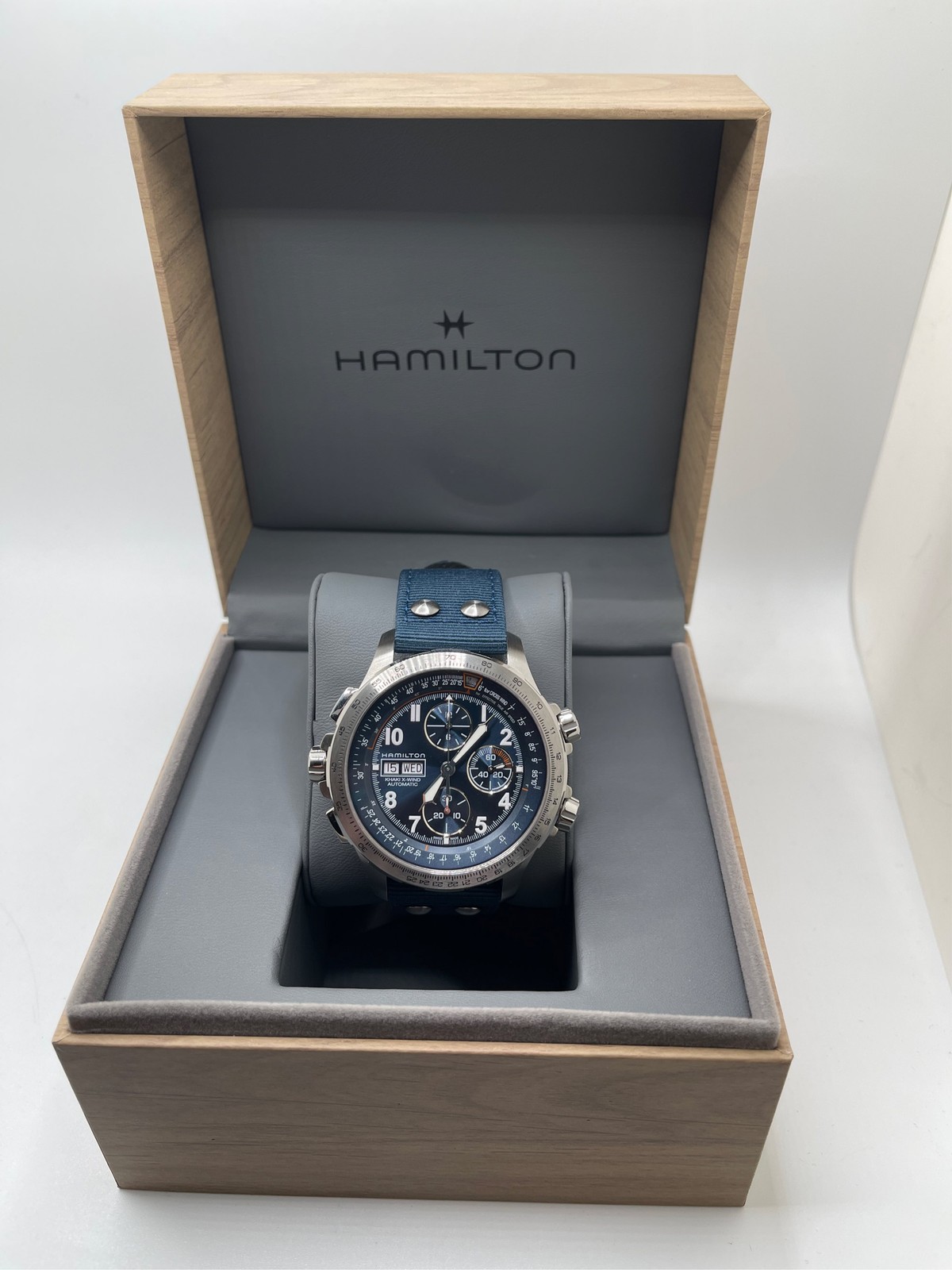 Hamilton Men’s Swiss Automatic Chronograph Khaki Aviation X-Wind Blue Textile St