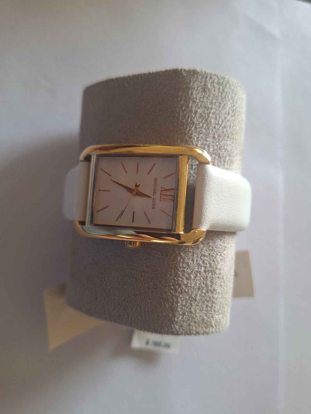 Michael Kors Women’s Rectangular Gold-Tone Watch White Leather Band Quartz Box