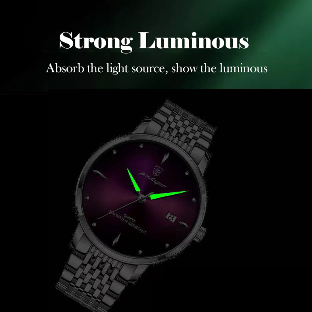 POEDAGAR Luxury Business Men’s Quartz Watch Slim 3Bar Luminous Date Stainless