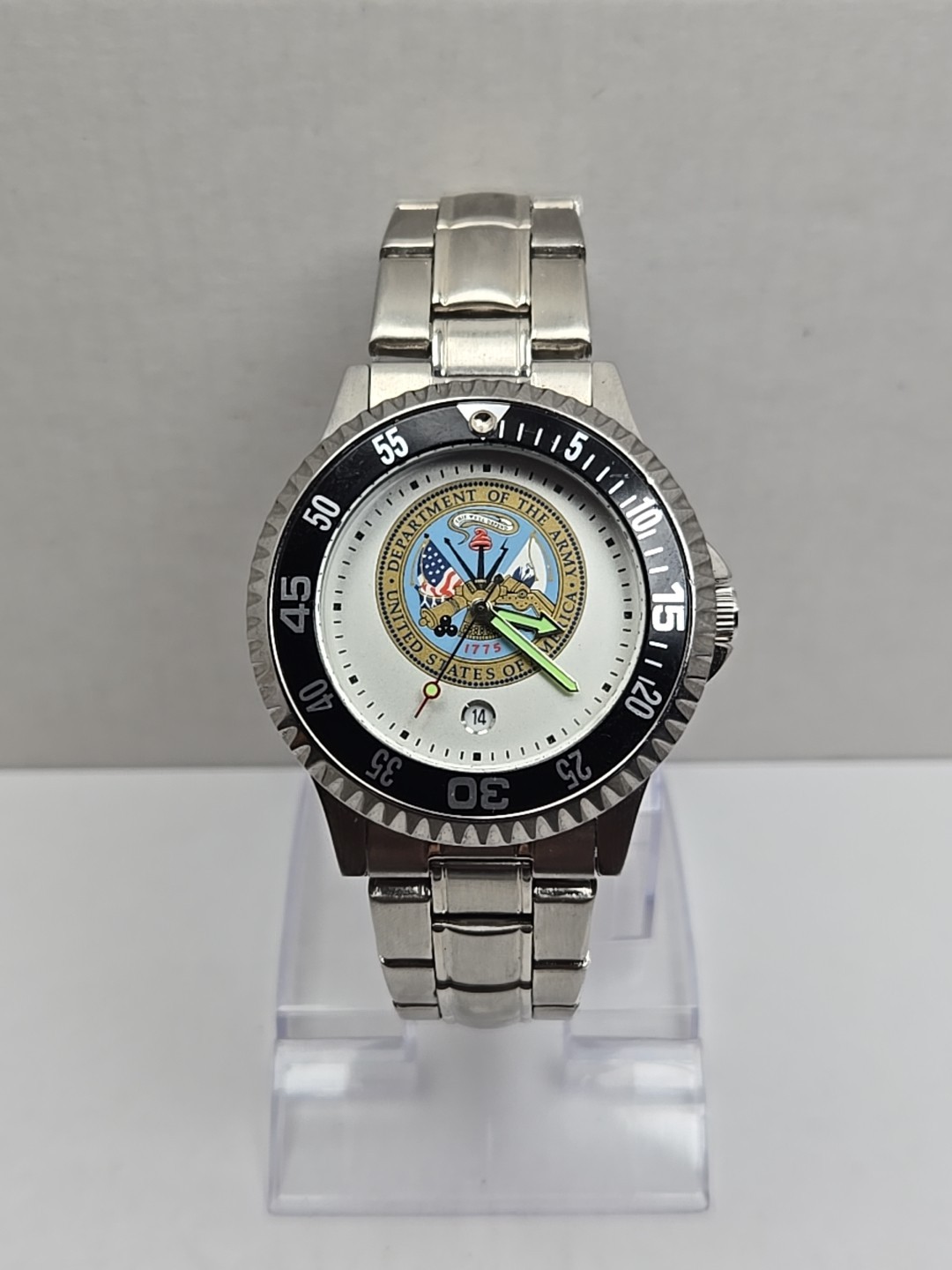 Sun Time US Army Dept Seal Competitor Steel Watch Quartz Date New Battery Mens