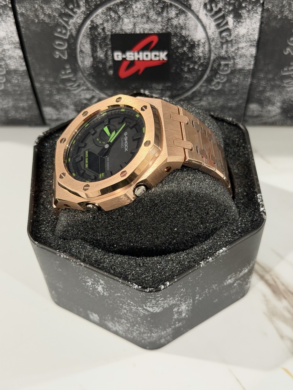 Casio GA-2100 G-Shock Watch – Sandblasted Gold Rose Case Mod – Black Dial