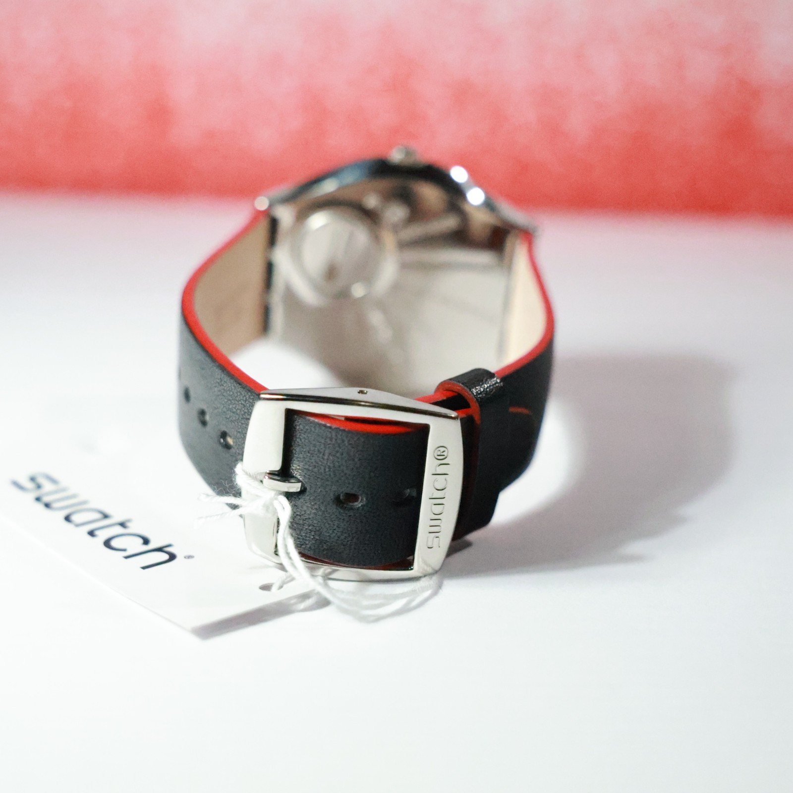New Swiss Made SWATCH IRONY SKINMETAL 42MM Silver Black Red Leather SS07S104