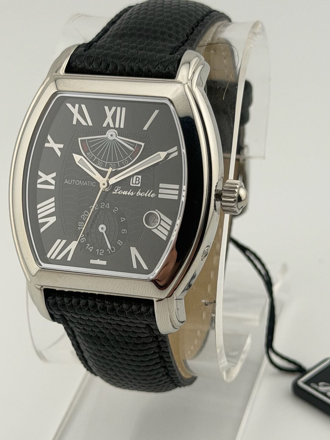 Louis Bolle Henry II Automatic Tonneau Case Mens Watch Black Guilloché / Leathe