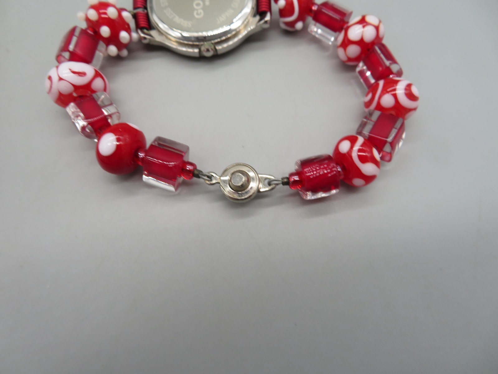 Unusual Gossip Watch Red, White & Clear Beaded Band Gemstone Bezel New Battery