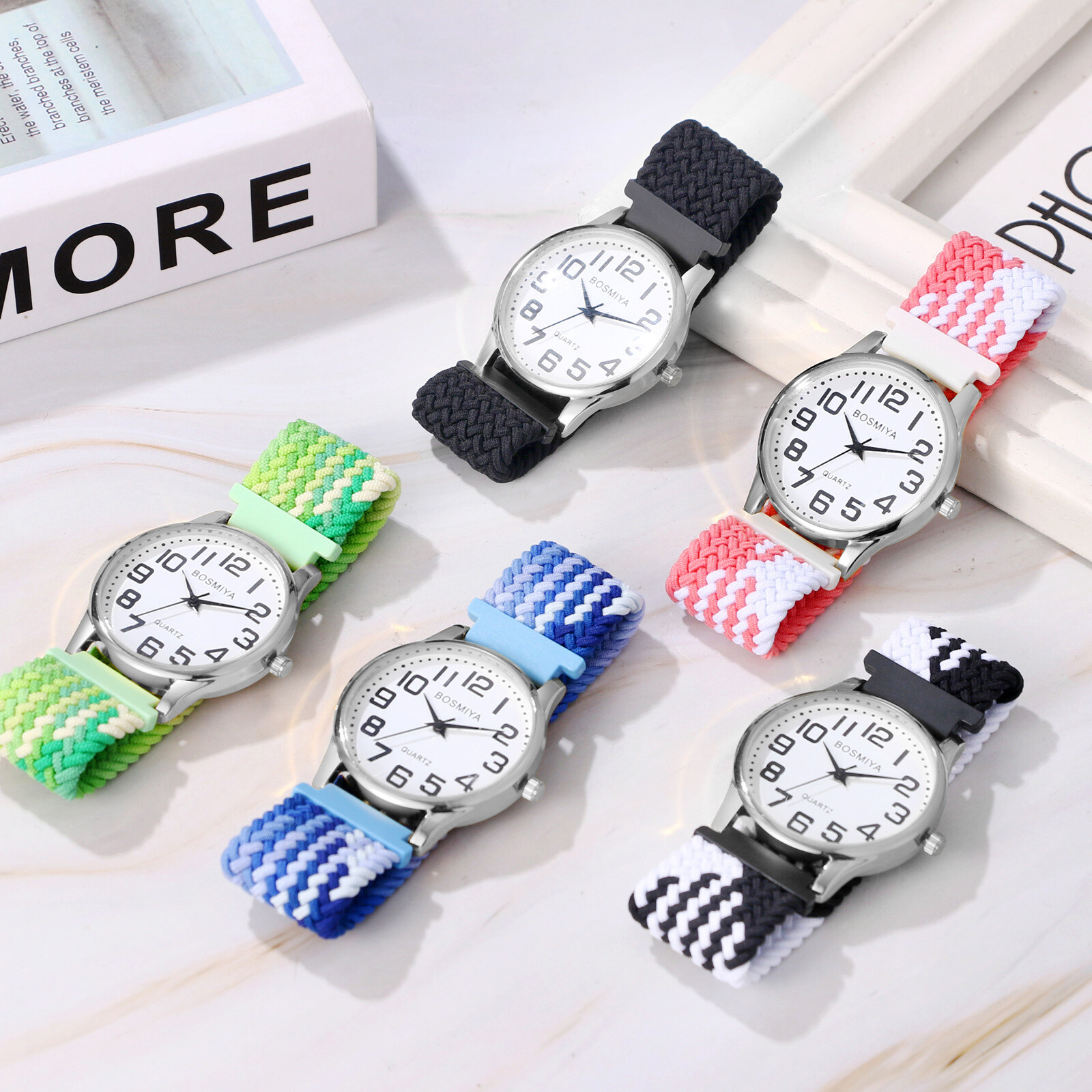 Women Men Elastic Braided Band Large Round Dial Easy Reader Analog Quartz Watch