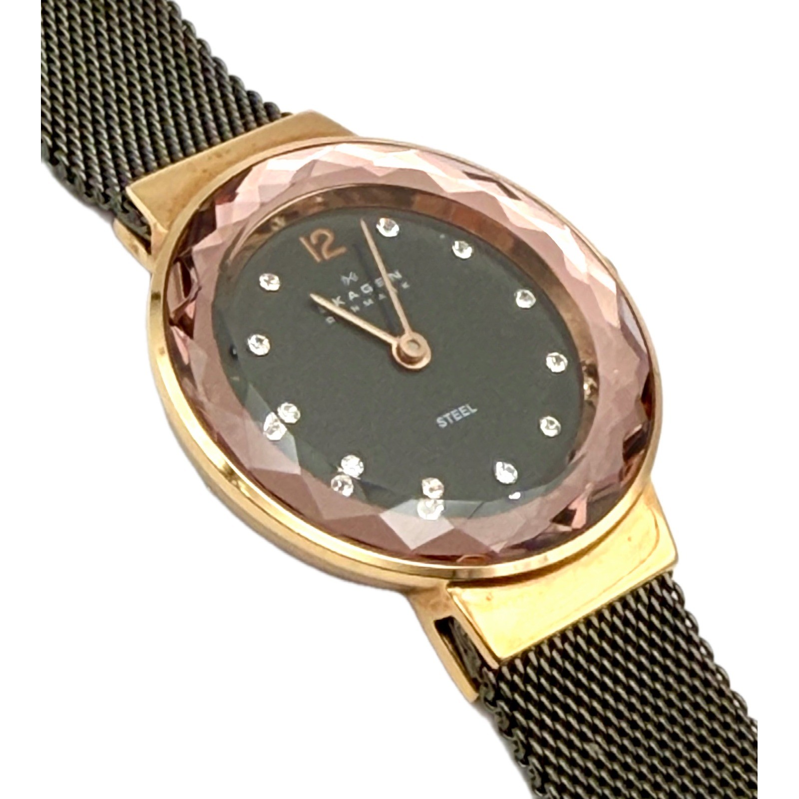 Skagen Leonora 456SRM Womens Quartz Watch Faceted Pink Crystal Grey Mesh Steel