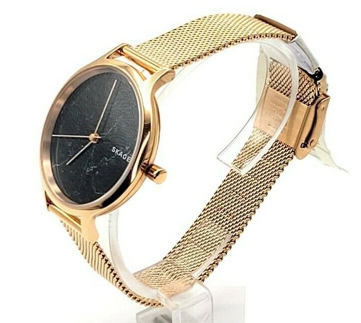 Skagen Anita Ladies Black Marble Stone Dial Rose Gold Tone 34mm Watch SKW2721