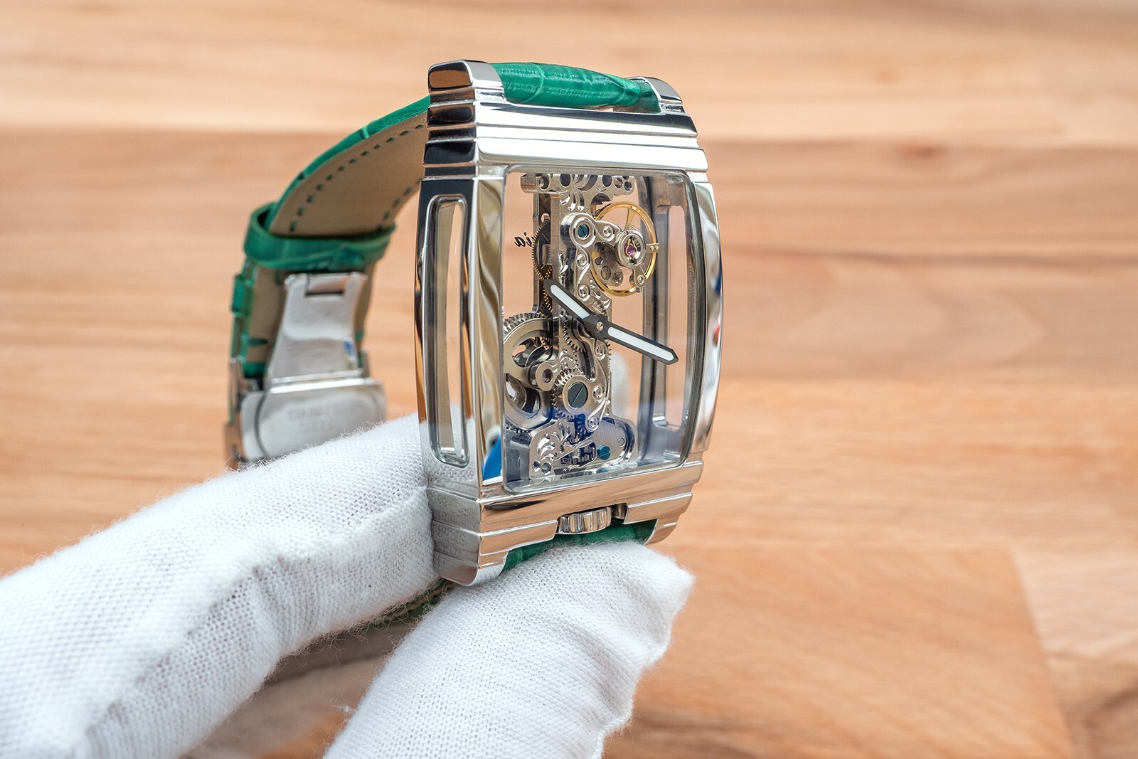Mens Silver Bridge Manual Mechanical Watch – Green Leather Strap Gift