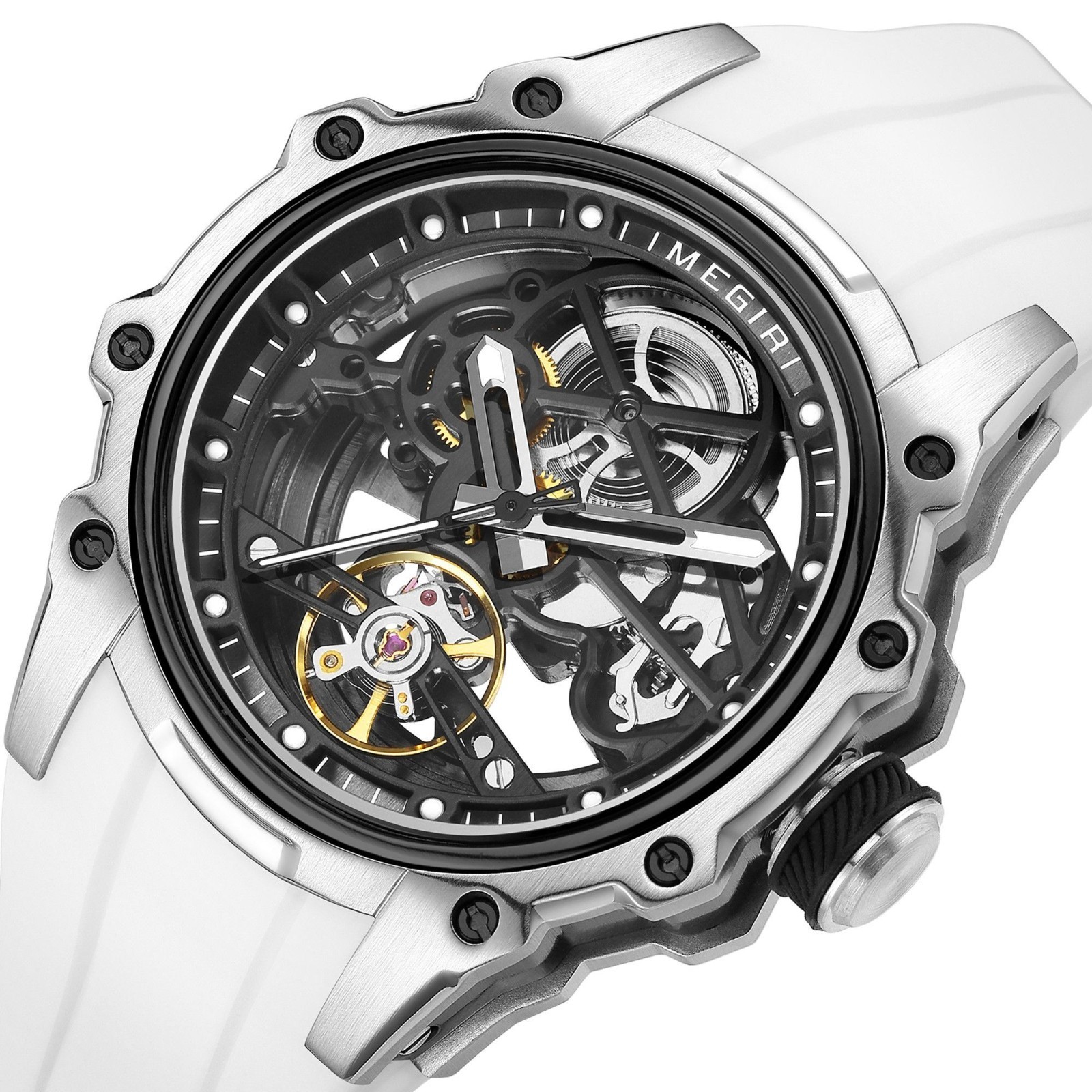 Megir 2243 Automatic Skeleton Watch 43mm Steel Case White Strap – UK Seller