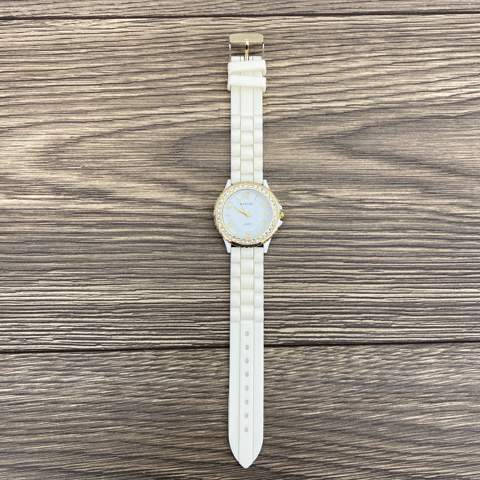Mestigé Timepiece Watch Women Gold Tone Rinestone White Band Untested