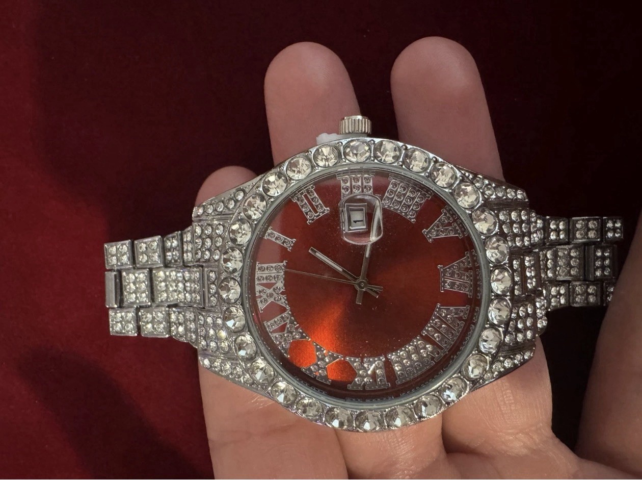 Iced Out 2 Tone Steel Red Dial Diamond Presidential Watch