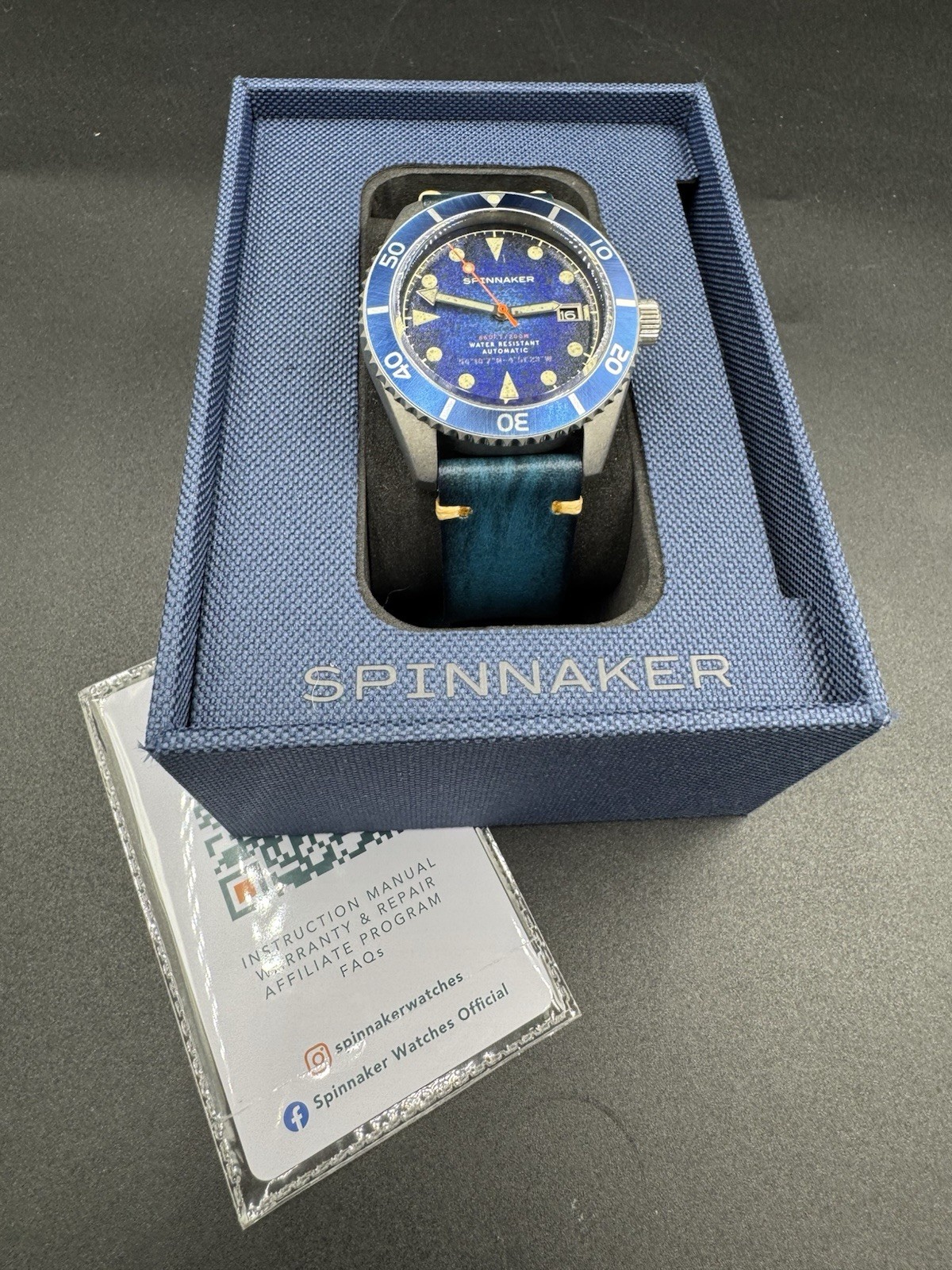 Spinnaker Wreck Auto Diver Oxidized Blue Leather Strap 44mm Watch Near Mint Cond