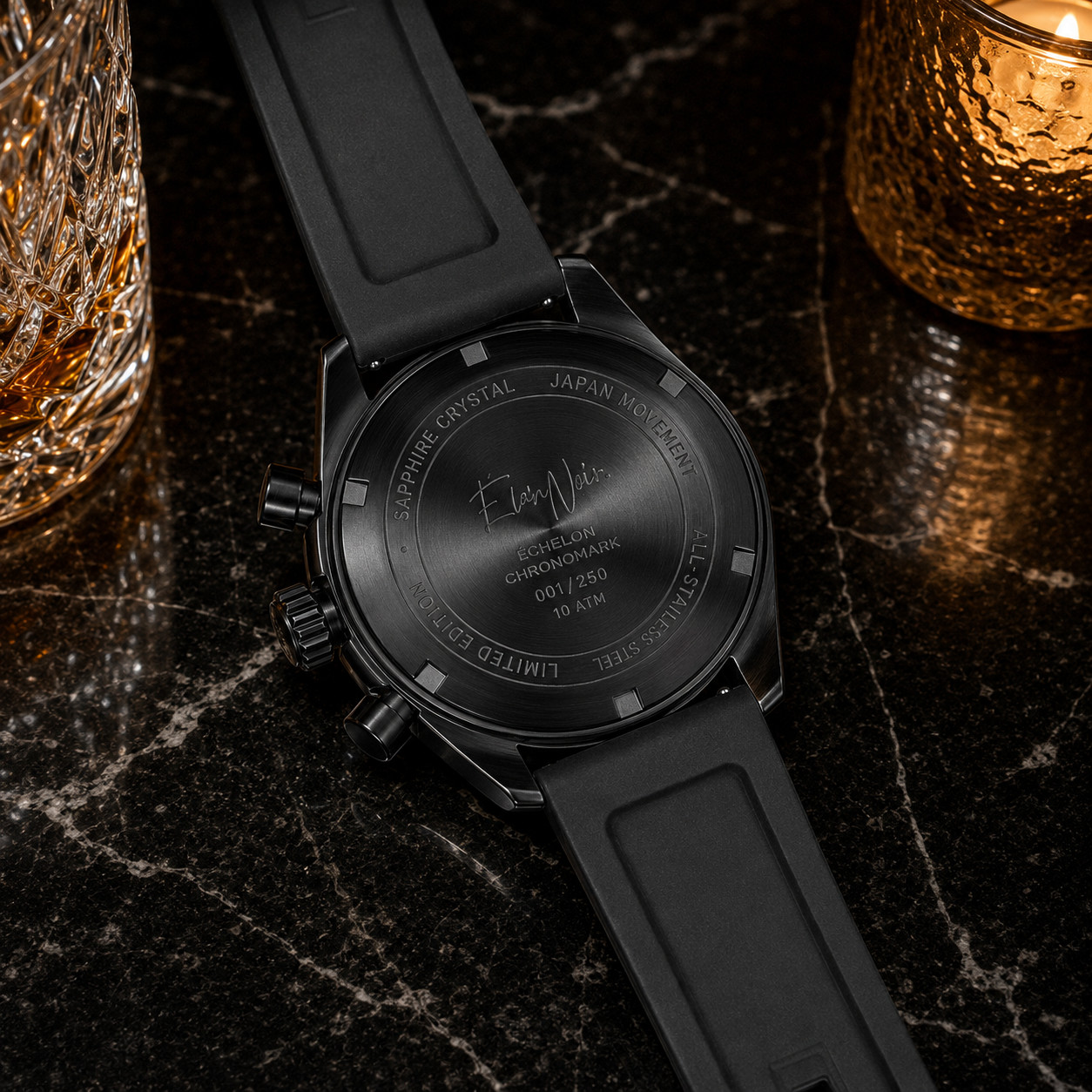 Custom Élan Noir Mens Chronograph Watch Black Dial Sapphire Crystal Steel 40mm
