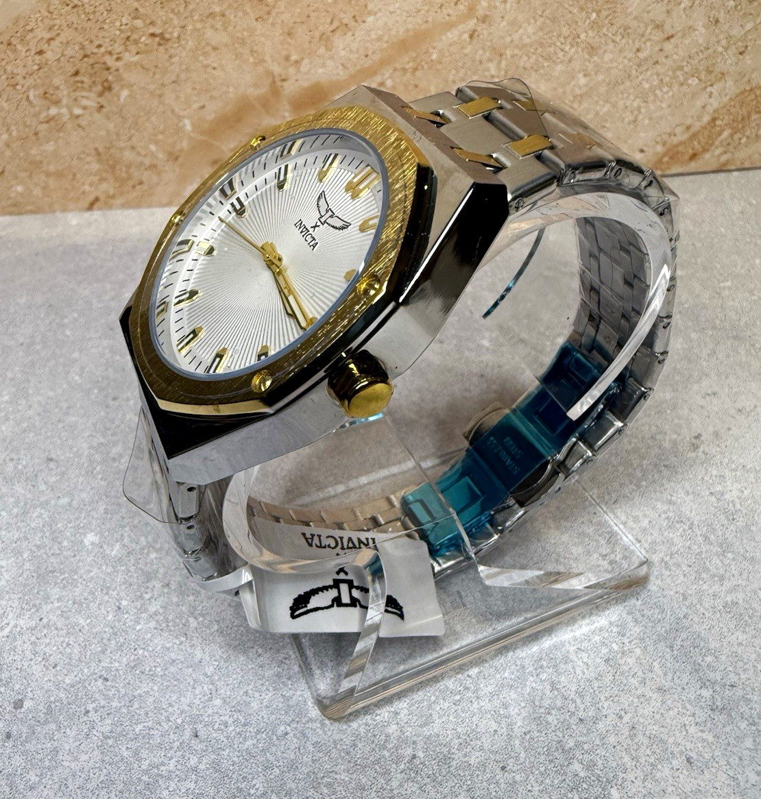 Invicta Men’s Octagon Two-Tone Bracelet Watch White Sunburst Dial Quartz 44mm