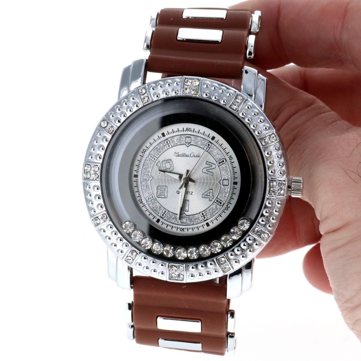 Hip Hop Men’s Floating Clear Stone, Silver Tone Brown Bullet Band Watch