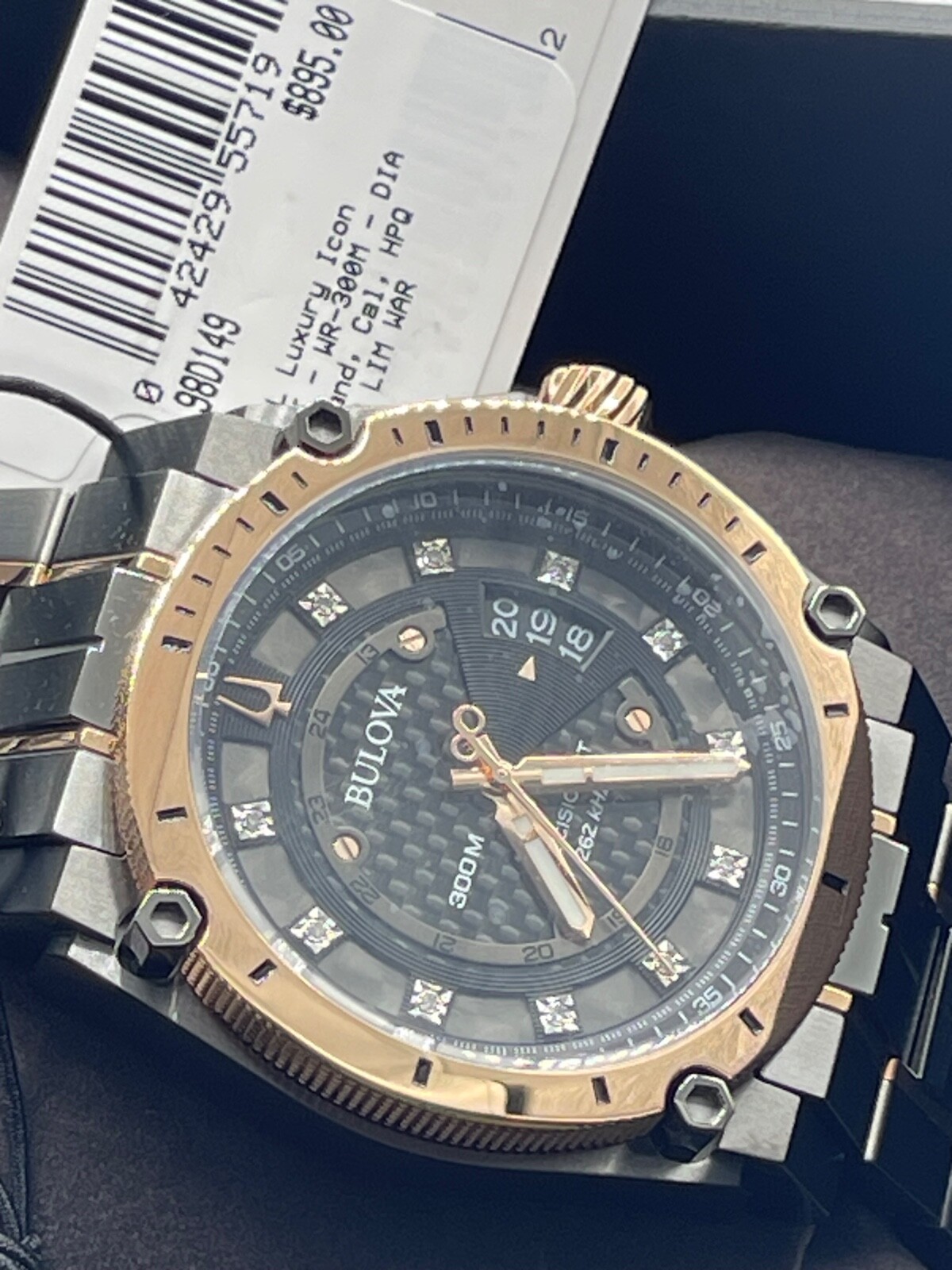 Bulova Precisionist Quartz Diamond Accent 2-Tone Black 46mm Watch 98D149 ROSE G