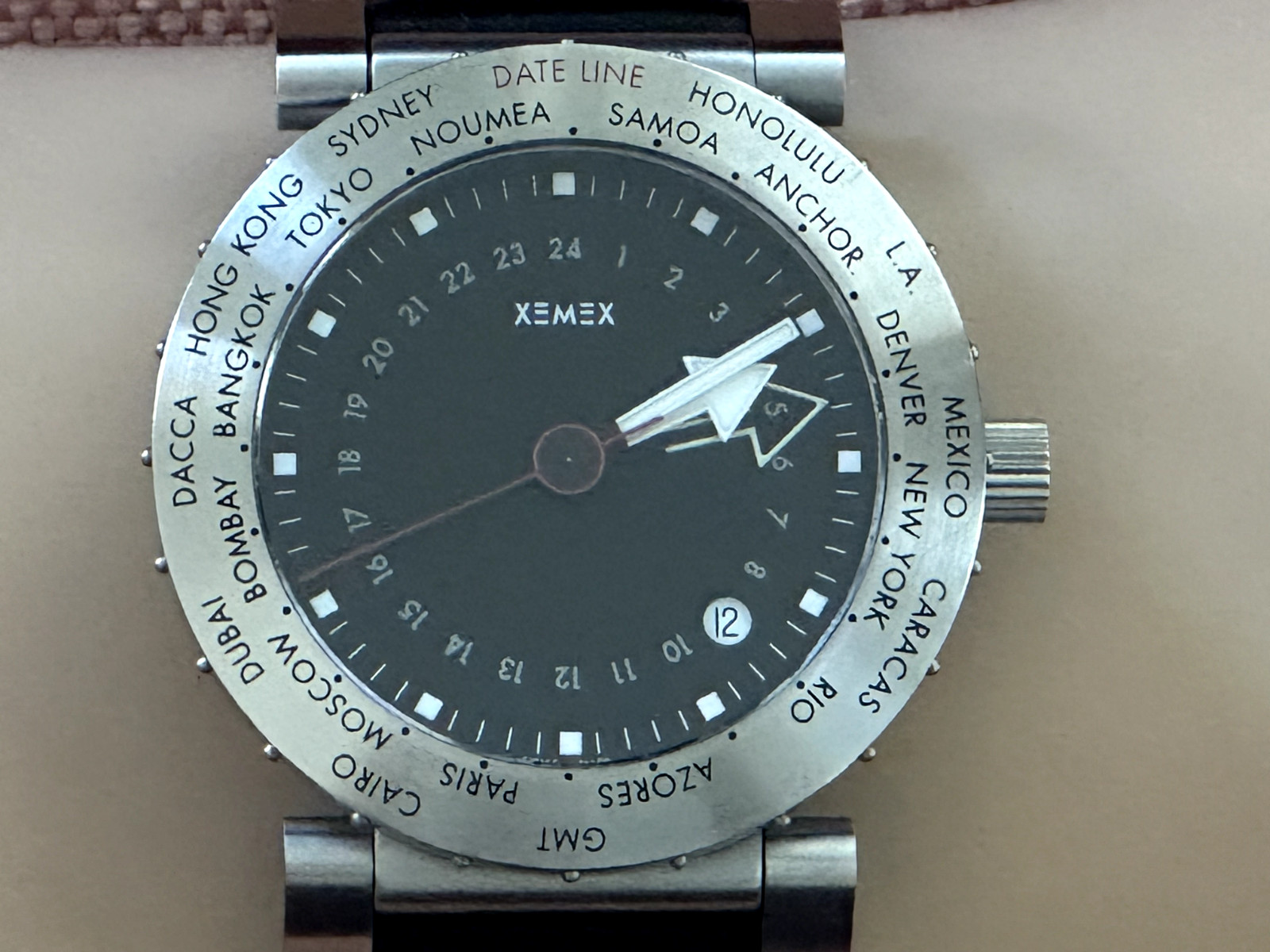 XEMEX Offroad World timer Automatic SS Watch with black leather band. Swiss Made