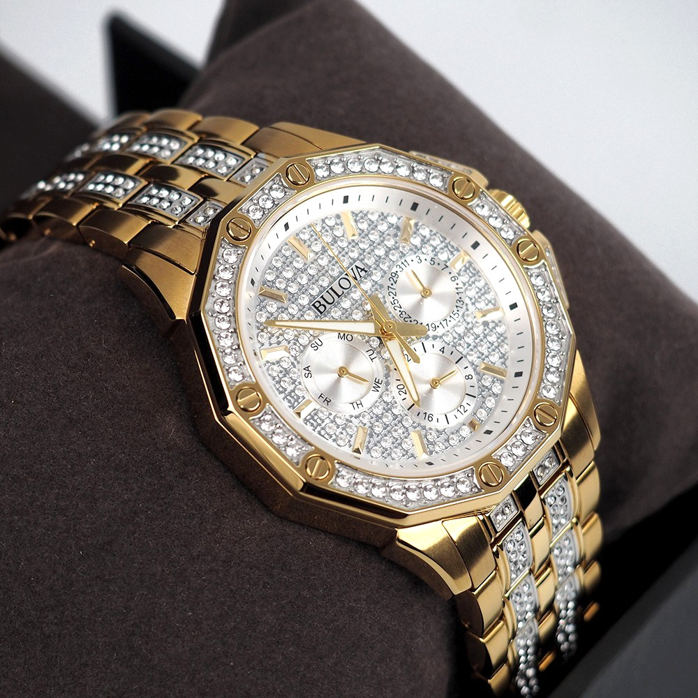 Men’s Bulova Octava Crystal Gemmed Dial Gold Stainless Steel Quartz Watch 98C126
