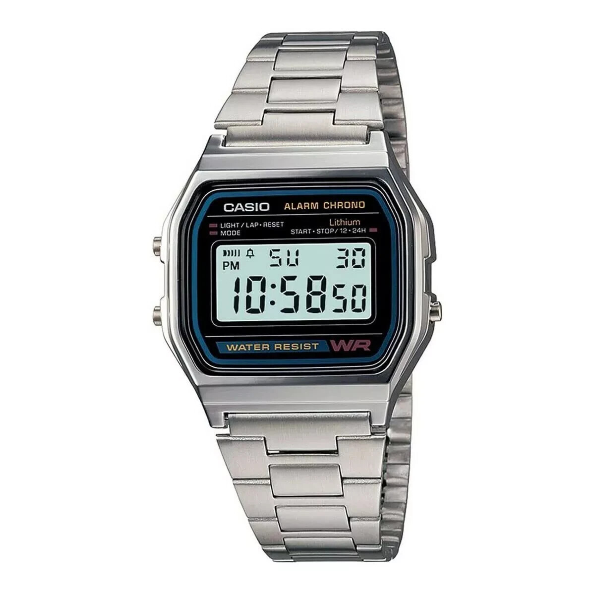 Casio A158WA-1, 7 Year Battery Classic Chronograph Watch, Alarm, Date, NEW