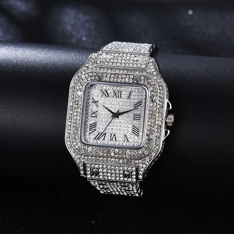 ICED WATCH LUXURY GOLD SILVER PLATED SIMULATED DIAMOND METAL BAND WRIST SQUARE