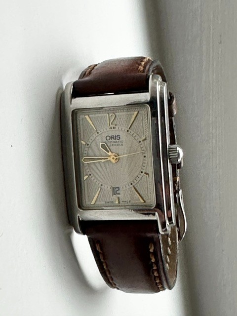 Vintage Oris Rectangular Date Automatic Guilloché Dial Stainless Steel Watch ~19
