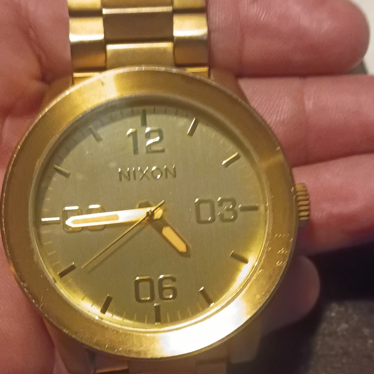 Nixon The Corporal Quartz Analog 100m Gold Tone SS Bracelet Date Watch