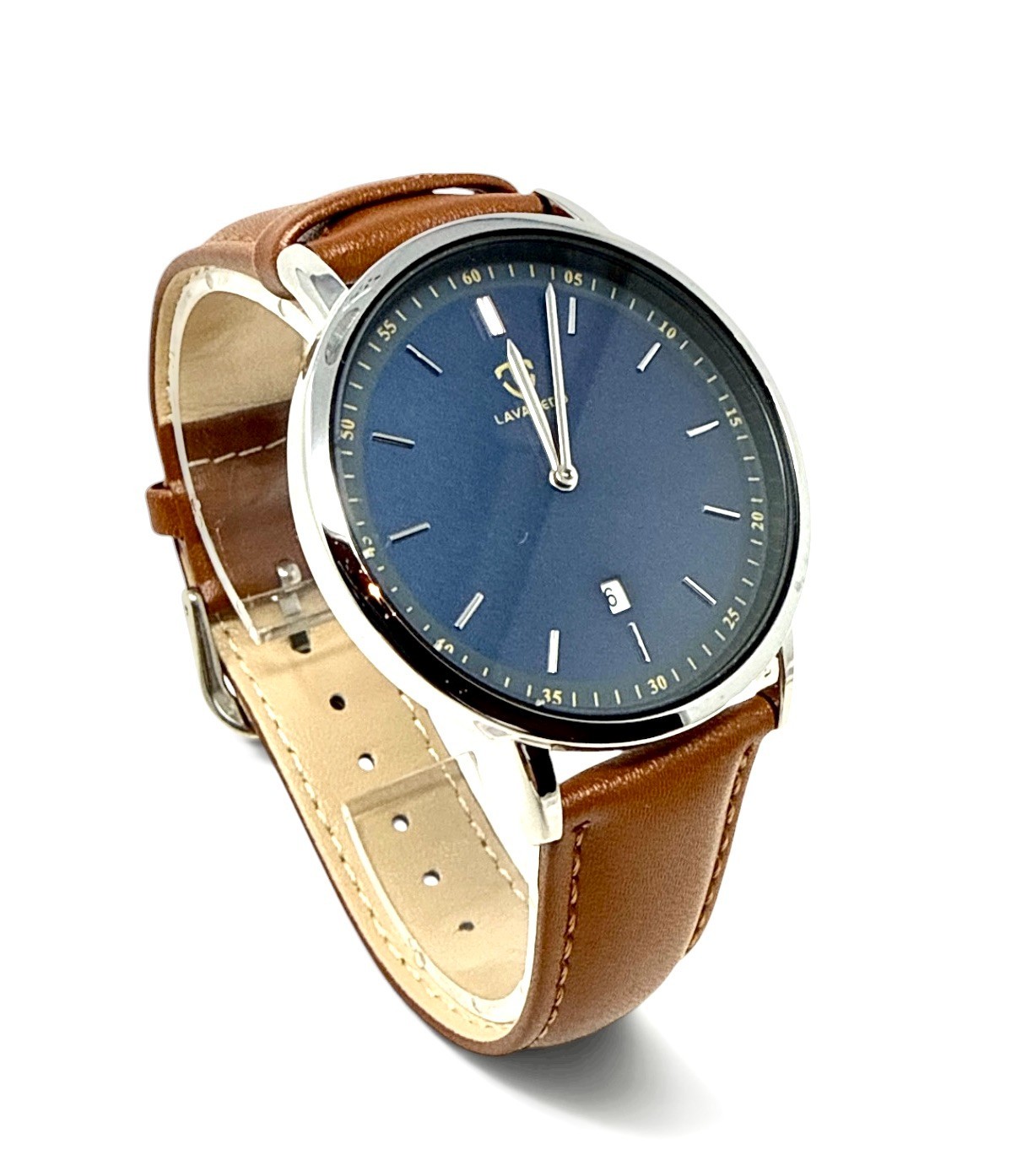 LAVAREDO Ultra Thin Quartz Wristwatch Blue Dial Brown Leather Band Date at 6:00