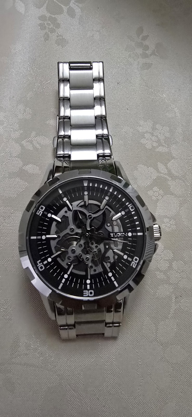 Elgin Skeleton Wristwatch Stainless Steel Bracelet Black Silver Dial