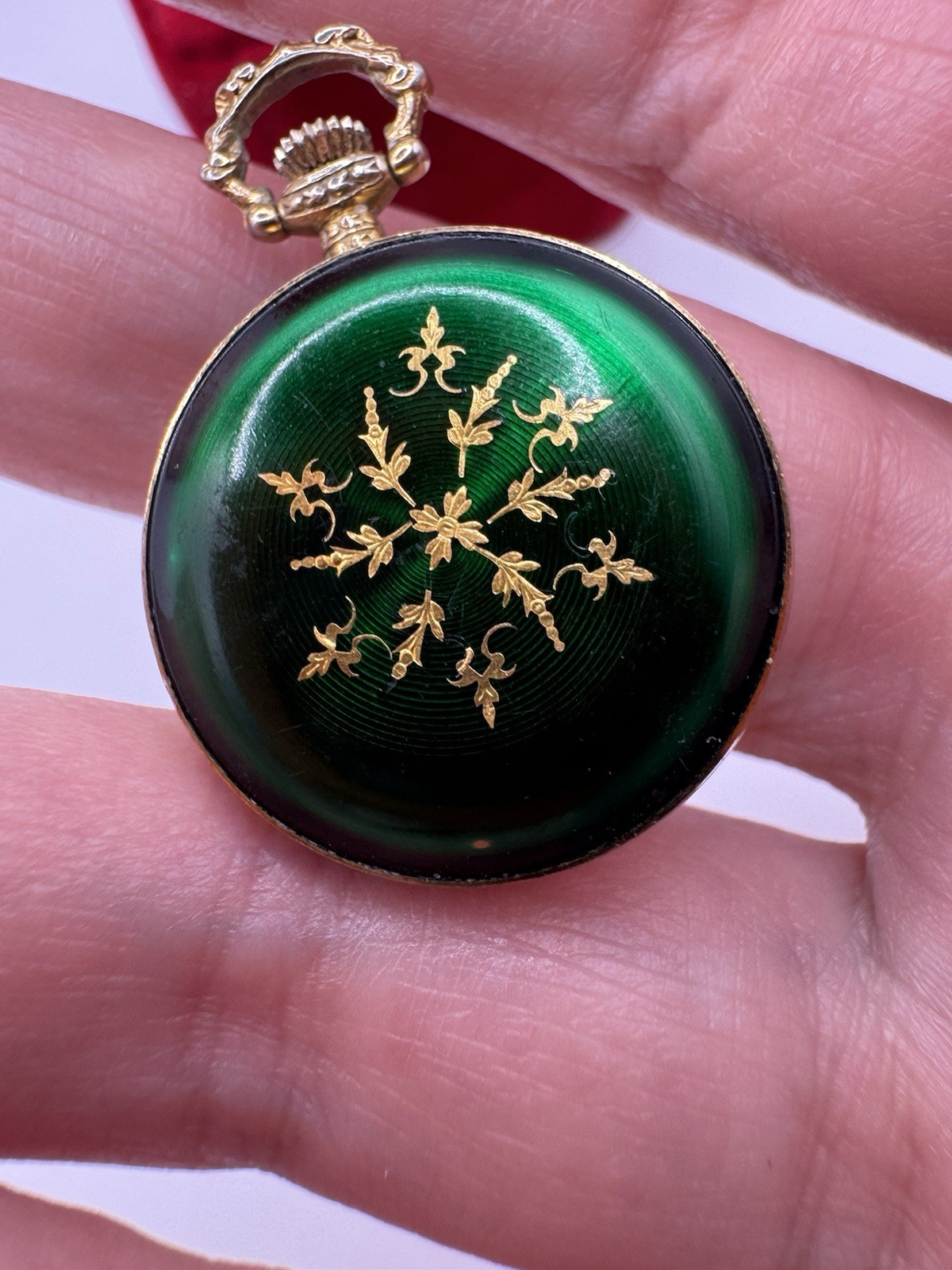 Vintage 80’s HANOWA Swiss M Guilloché Green Enamel on Gold Round Pocket Watch