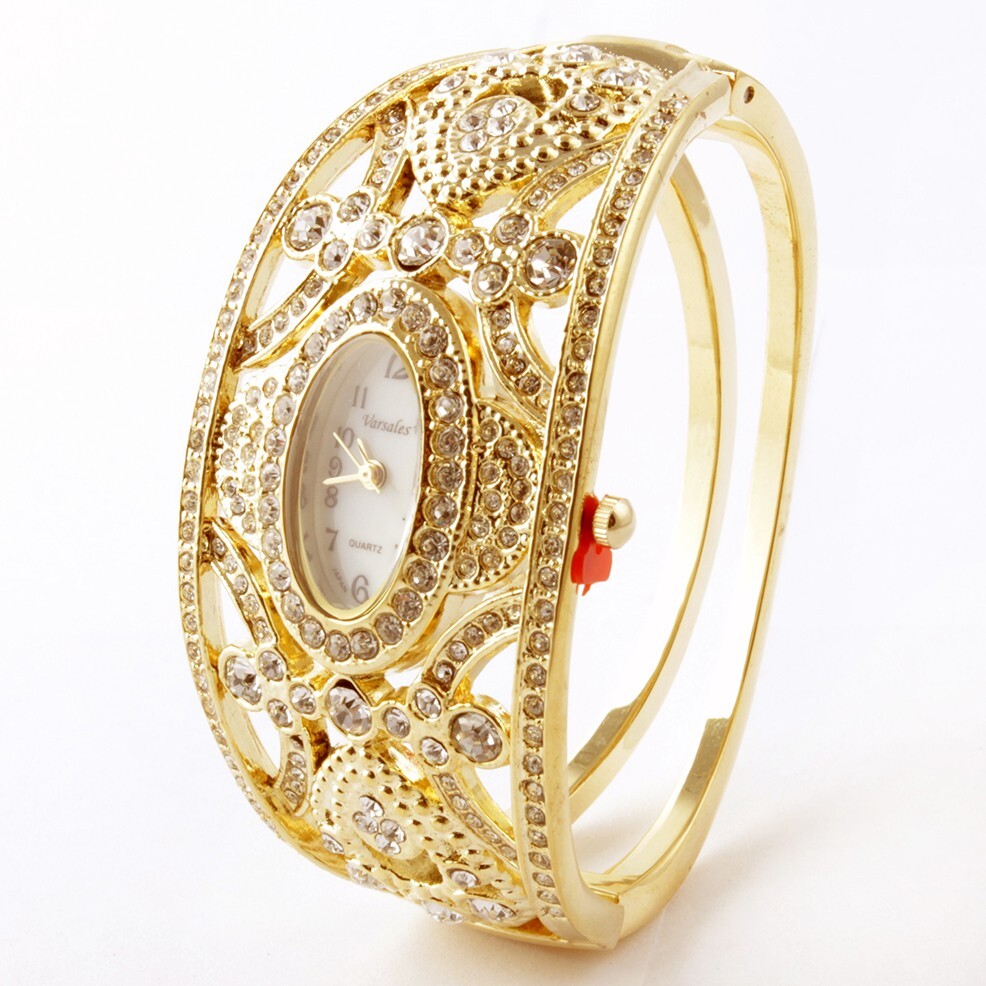 Gold Rhinestones Closed Bangle Cuff Watch