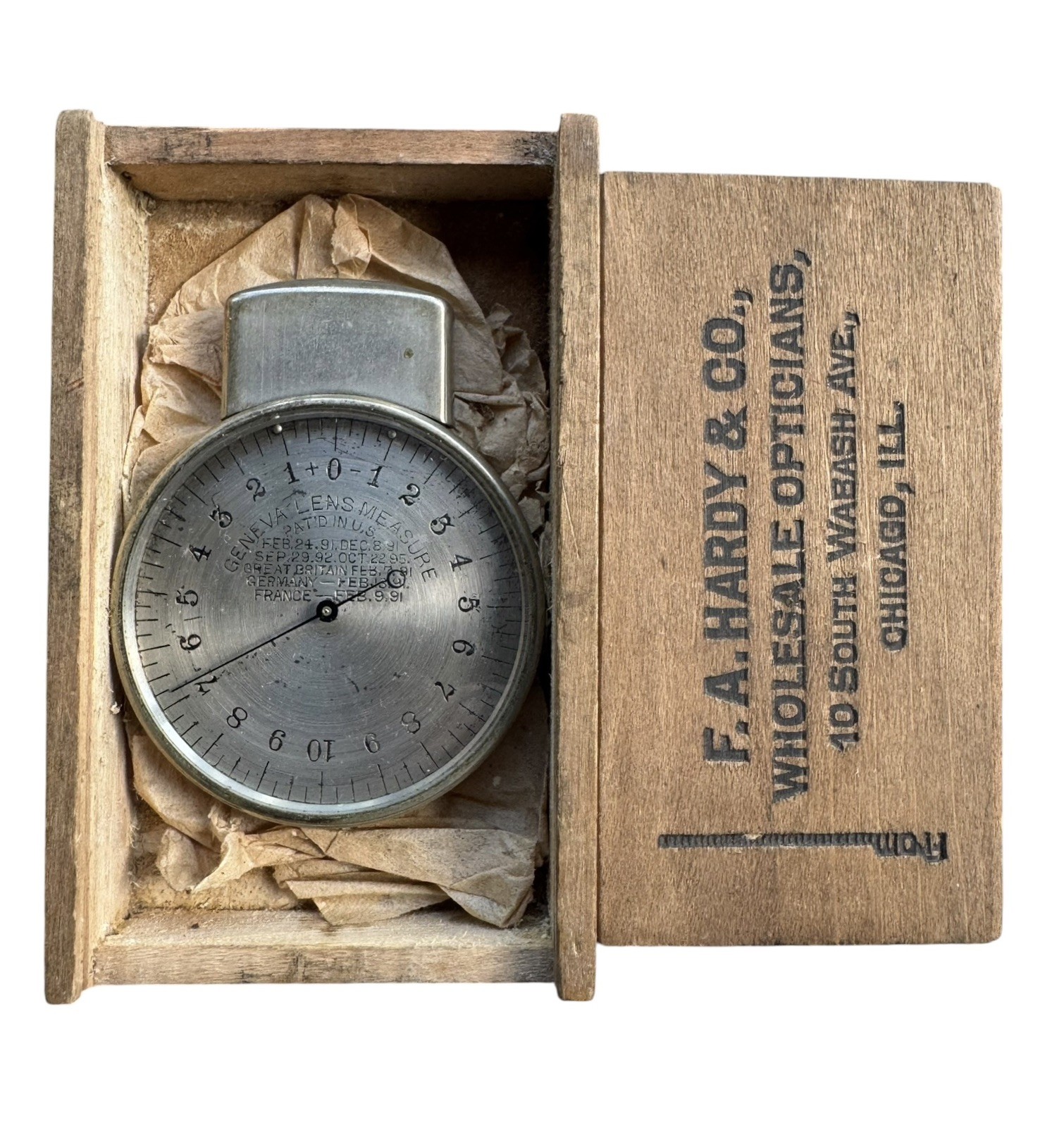Antique 1890’s Geneva Lens Measure Chicago Dial Indicator Co w/FA Hardy Wood Box