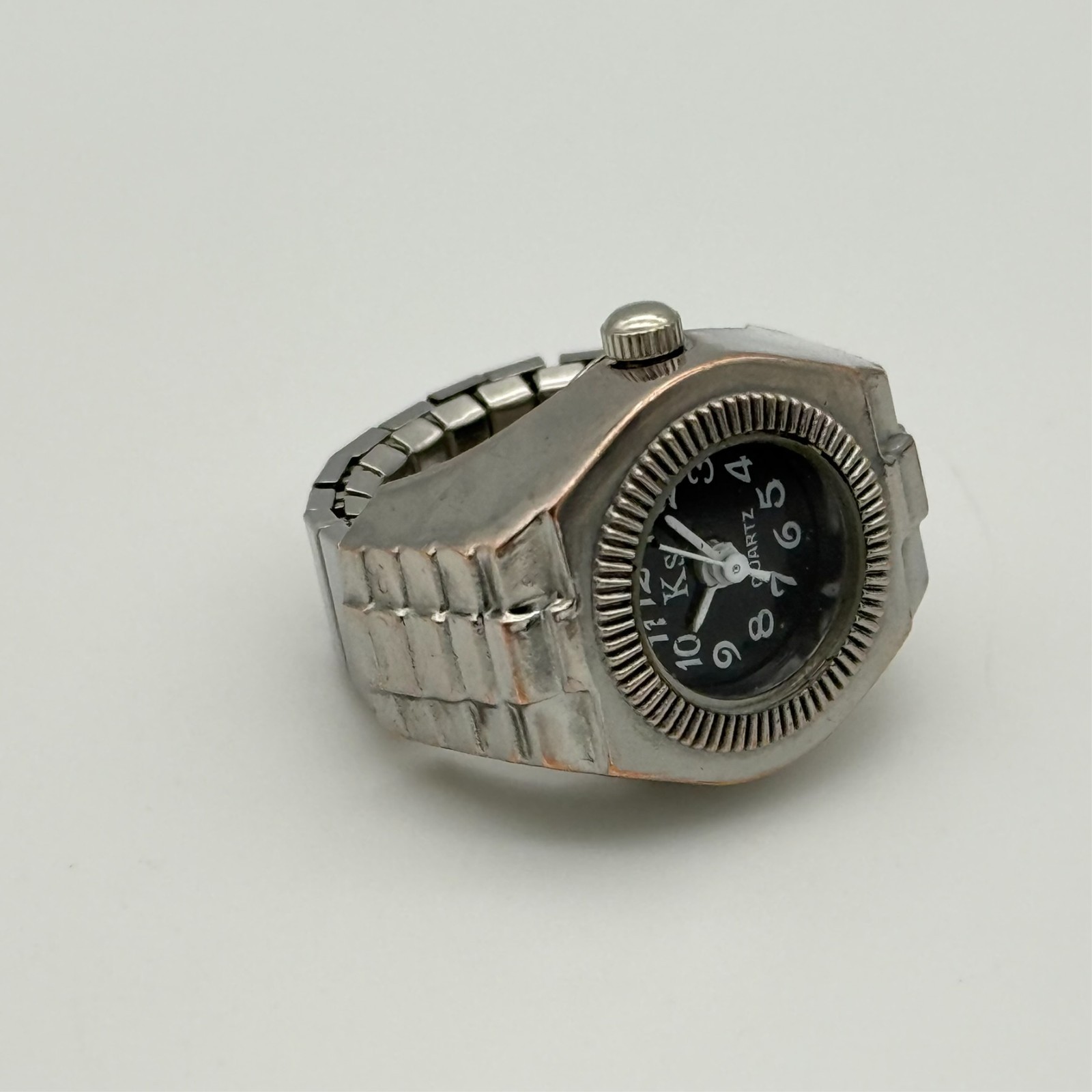 Women’s KS Silver Tone Black Dial 20mm Quartz Ring Watch, Round Dial, Runs
