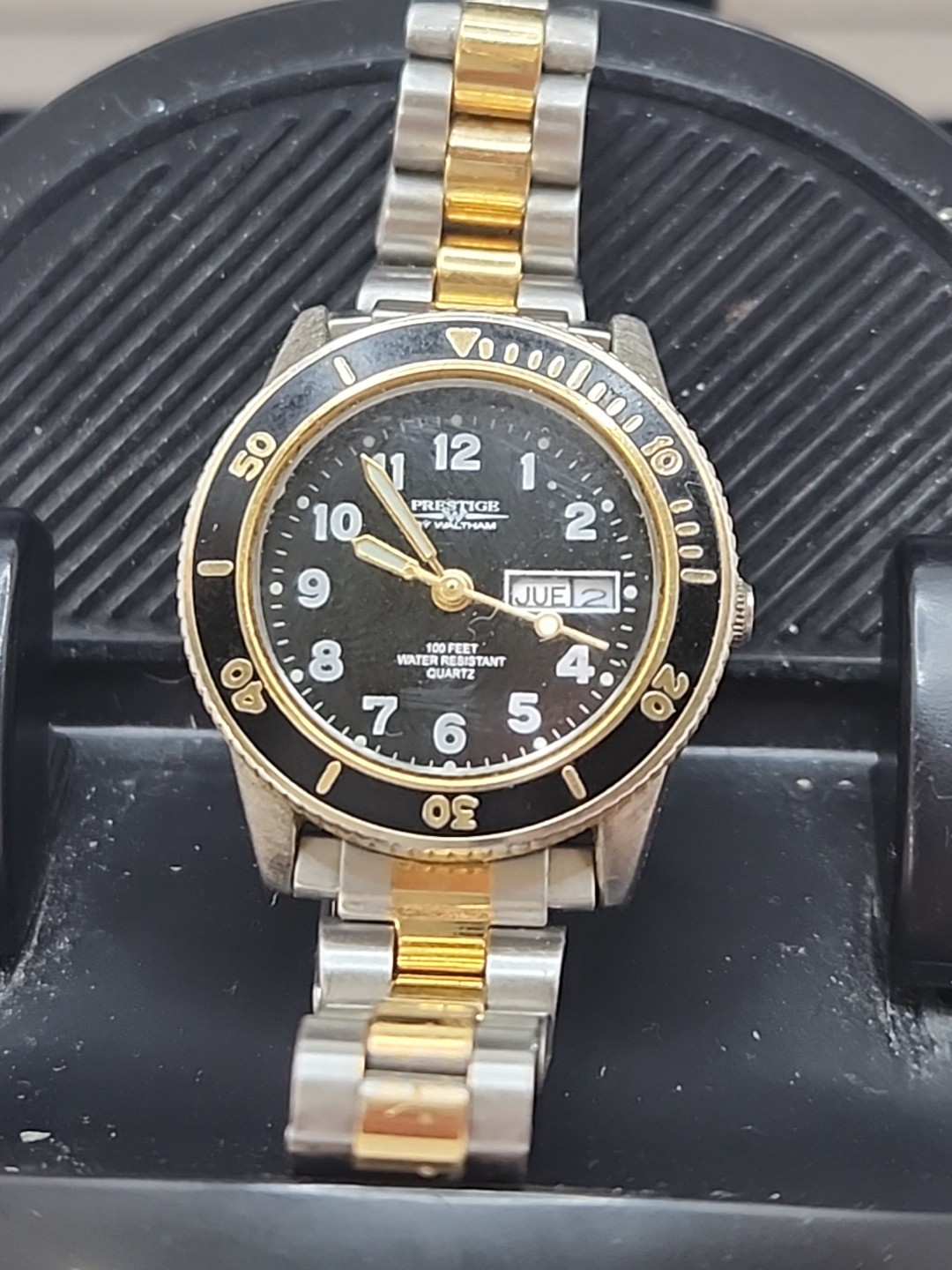 Prestige by Waltham Black Gold Silver Day Date Analog Quartz Fresh Battery S1